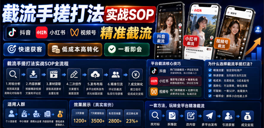 截流手搓打法实战SOP，抖音小红书视频号精准截流，快速获客，低成本高转化，一看即会-课程网