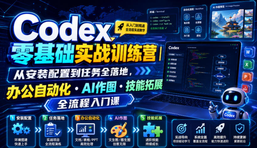 Codex零基础实战训练营｜从安装配置到任务全落地，办公自动化・AI作图・技能拓展全流程入门课-课程网
