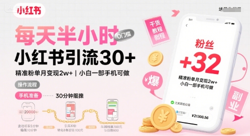 每天半小时小红书引流30+，精准粉单月变现2w+，小白新手一部手机可做，今天5分钟硬核实操-课程网