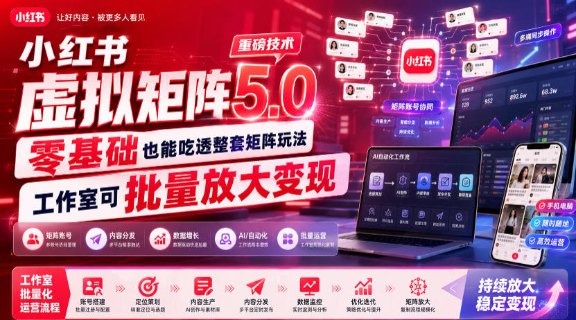 小红书虚拟矩阵5.0重磅技术，零基础也能吃透整套矩阵玩法，工作室可批量放大变现-课程网