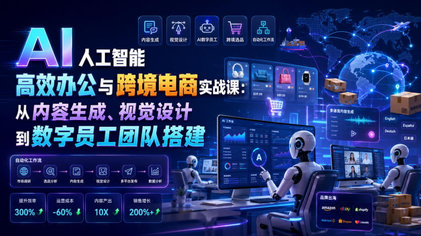 AI人工智能高效办公与跨境电商实战课：从内容生成、视觉设计到数字员工团队搭建-课程网
