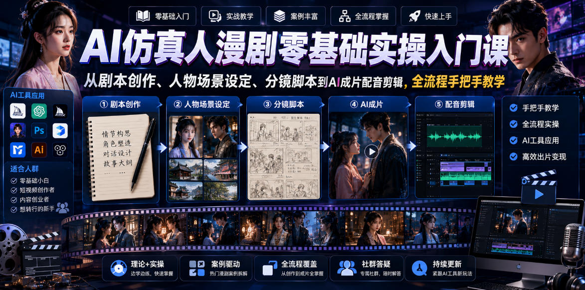AI仿真人漫剧零基础实操入门课，从剧本创作、人物场景设定、分镜脚本到AI成片配音剪辑，全流程手把手教学-课程网