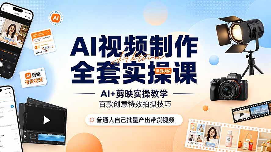 （19200期）AI视频制作全套实操课，多款AI工具搭配剪映教学，百种特效运镜拍摄实操，抖音账号带货运营全覆盖-课程网