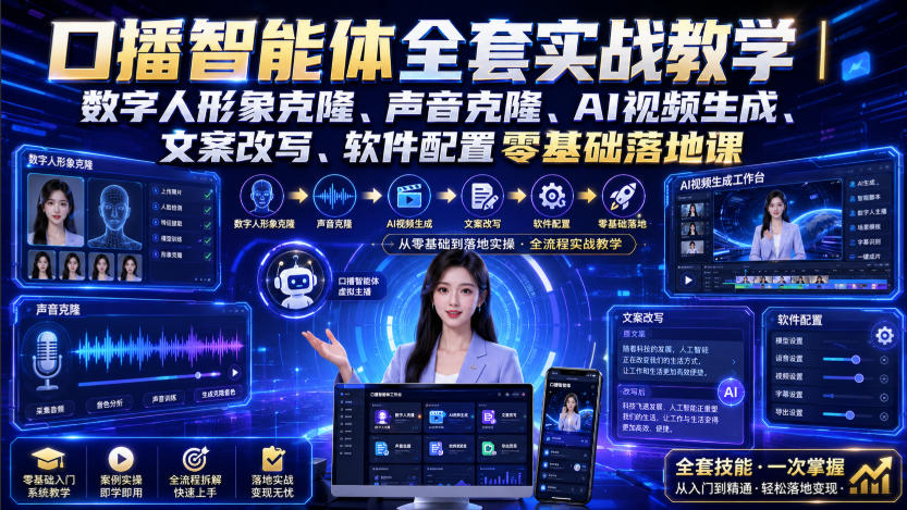 口播智能体全套实战教学｜数字人形象克隆、声音克隆、AI视频生成、文案改写、软件配置零基础落地课-课程网