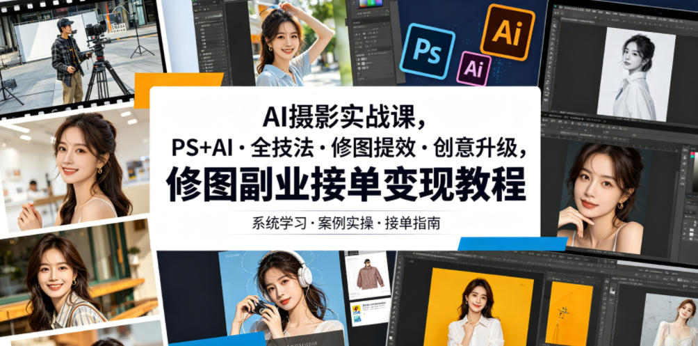AI摄影实战课，PS+AI・全技法・修图提效・创意升级，修图副业接单变现教程-课程网