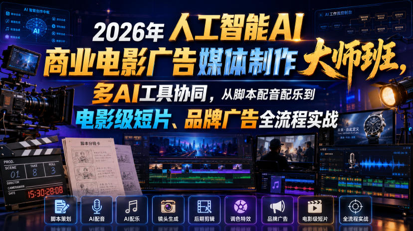 2026年人工智能AI商业电影广告媒体制作大师班，多AI工具协同，从脚本配音配乐到电影级短片、品牌广告全流程实战（中英字幕）-课程网