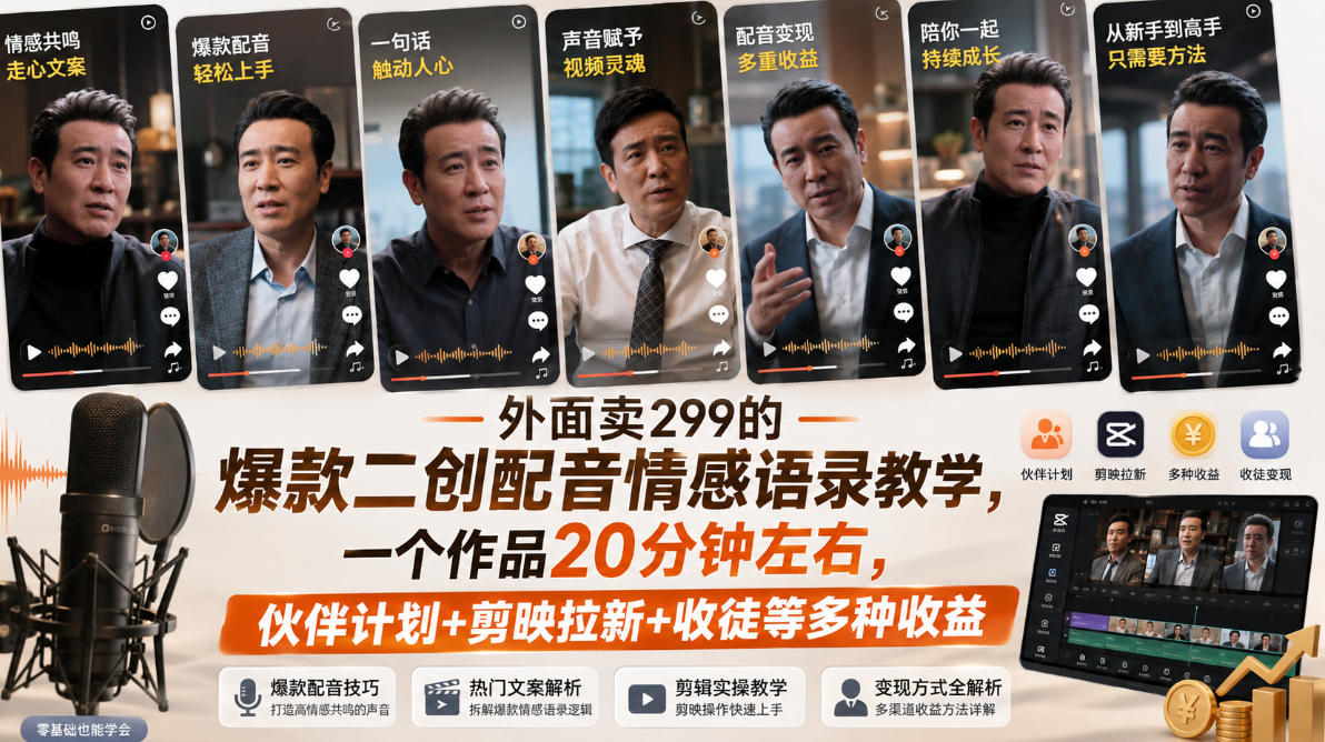 外面卖299的爆款二创配音情感语录教学，一个作品20分钟左右，伙伴计划+剪映拉新+收徒等多种收益-课程网