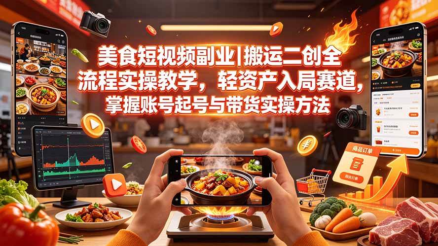 （19535期）美食短视频副业｜搬运二创全流程实操教学，轻资产入局赛道，掌握账号起号与带货实操方法-课程网