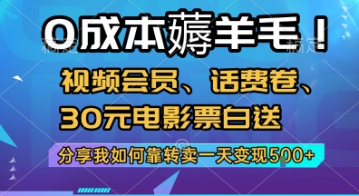 0成本薅羊毛!视频会员、话费卷、30元电影票白送，分享我如何靠转卖一天变现5张+【揭秘】-课程网