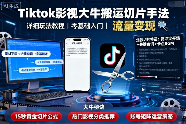 Tiktok影视大牛搬运切片手法，详细玩法教程-课程网