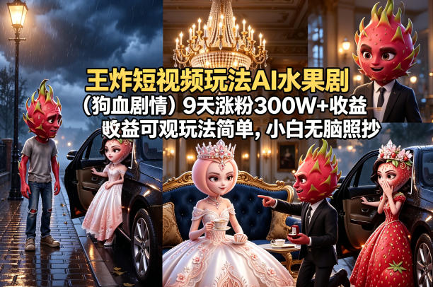 王炸短视频玩法AI水果剧（狗血剧情）9天涨粉300W+收益可观玩法简单，小白无脑照抄，详细拆解玩法-课程网