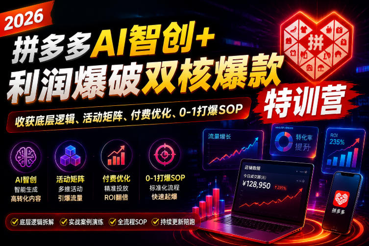 2026拼多多AI智创+利润爆破双核爆款特训营，收获底层逻辑、活动矩阵、付费优化、0-1打爆SOP（更新0810）-课程网