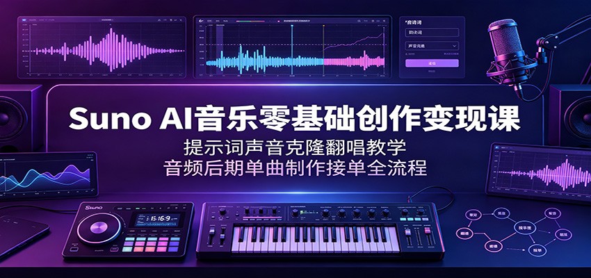 Suno AI音乐零基础创作变现课：提示词声音克隆翻唱教学，音频后期单曲制作接单全流程-课程网