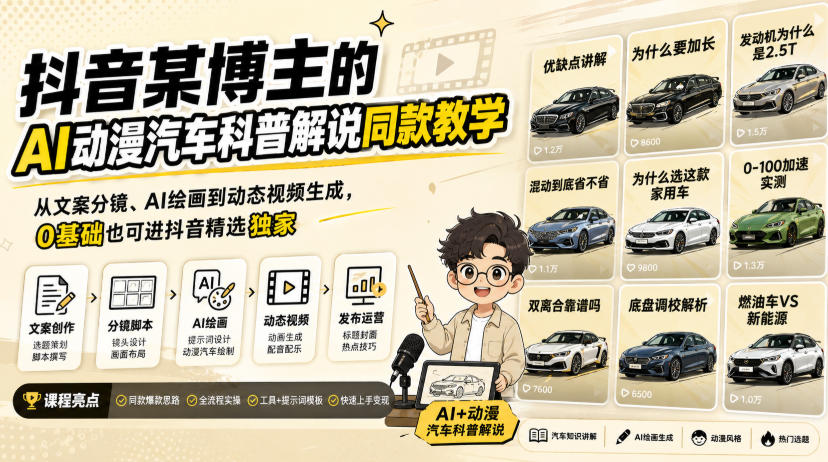 抖音某博主的AI动漫汽车科普解说同款教学，从文案分镜、AI绘画到动态视频生成，0基础解锁抖音精选独家收益-课程网