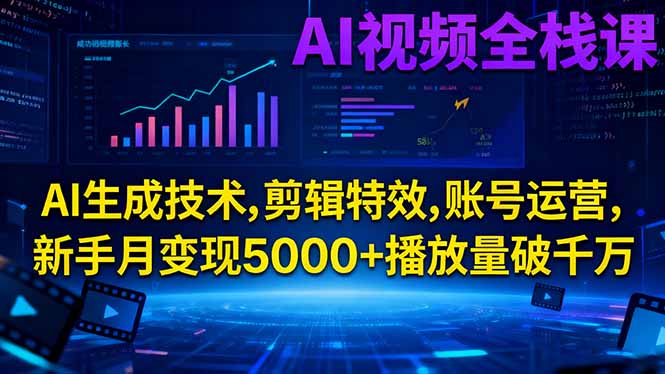 AI视频全栈课:AI生成技术,剪辑特效,账号运营,新手月变现5000+播放量破千万-课程网