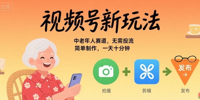 视频号新玩法，中老年人赛道，无需投流，简单制作，一天十分钟，月入1W-课程网