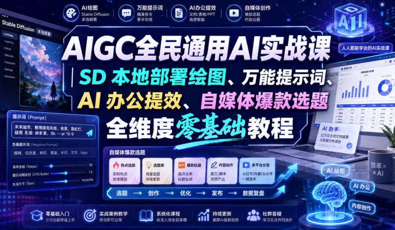 AIGC全民通用AI实战课｜SD本地部署绘图、万能提示词、AI办公提效、自媒体爆款选题全维度零基础教程-课程网