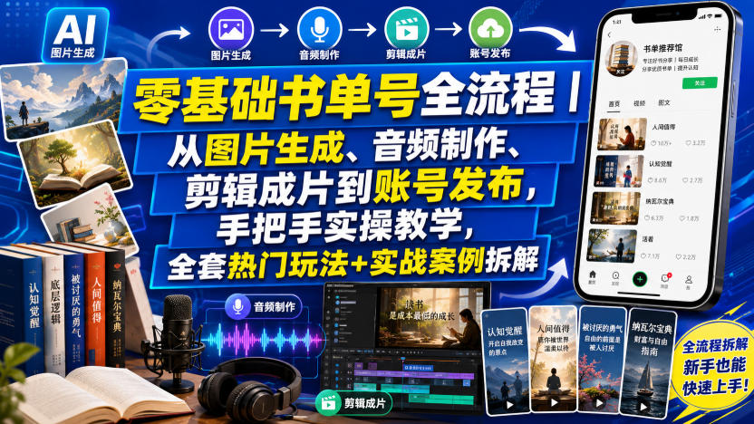 零基础书单号全流程｜从图片生成、音频制作、剪辑成片到账号发布，手把手实操教学，全套热门玩法+实战案例拆解-课程网