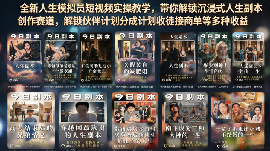 全新人生模拟员短视频实操教学，带你解锁沉浸式人生副本创作赛道，解锁伙伴计划分成计划收徒接商单等多种收益-课程网