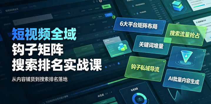 短视频全域钩子矩阵搜索排名实战课｜6大平台矩阵布局、关键词堆量抢占搜索流量、钩子私域导流、AI批量内容生成-课程网