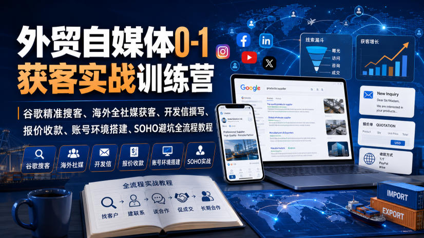 外贸自媒体0-1获客实战训练营｜谷歌精准搜客、海外全社媒获客、开发信撰写、报价收款、账号环境搭建、SOHO避坑全流程教程-课程网