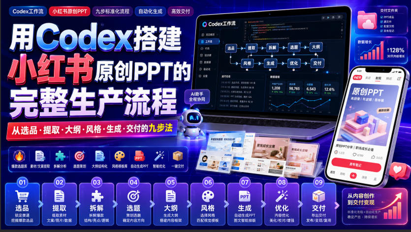 用Codex搭建小红书原创PPT的完整生产流程，从选品·提取·大纲·风格·生成·交付的九步法-课程网