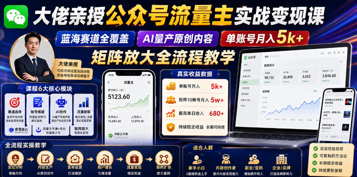 大佬亲授公众号流量主实战变现课，蓝海赛道全覆盖，AI量产原创内容，单账号月入5k+矩阵放大全流程教学-课程网