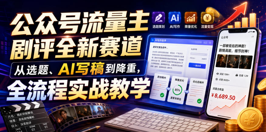 公众号流量主剧评全新赛道，从选题、AI写稿到降重，全流程实战教学-课程网