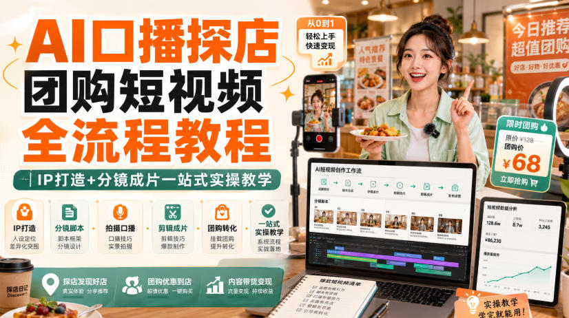 AI口播探店团购短视频全流程教程｜IP打造+分镜成片一站式实操教学-课程网