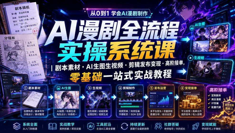 AI漫剧全流程实操系统课｜剧本素材・AI生图生视频・剪辑发布变现・高阶接单，零基础一站式实战教程-课程网
