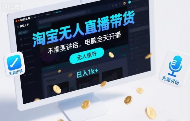 淘宝无人直播带货，不需要出镜，不需要讲话，电脑全天开播，轻松上手，日入1k+【揭秘】-课程网
