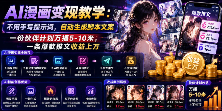 AI漫画变现教学：不用手写提示词，自动生成脚本文案，一份伙伴计划万播5-10米，一条爆款推文收益上W-课程网