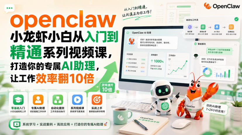 openclaw小龙虾小白从入门到精通系列视频课，打造你的专属AI助理，让工作效率翻10倍-课程网