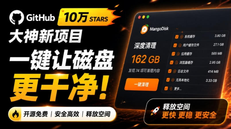 在Gtihub上做出10万stars的大神，又发布新项目了！一键让磁盘更干净，开源免费清理工具MangoDisk-课程网