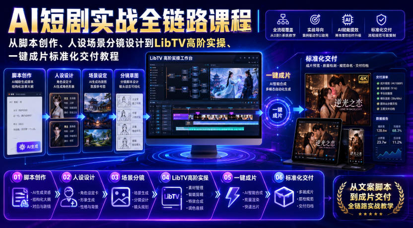 AI短剧实战全链路课程｜从脚本创作、人设场景分镜设计到LibTV高阶实操、一键成片标准化交付教程-课程网