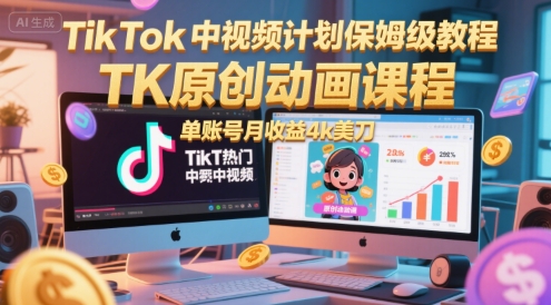 TikTok中视频计划保姆级教程，TK原创动画课程，单账号月收益4k美刀-课程网