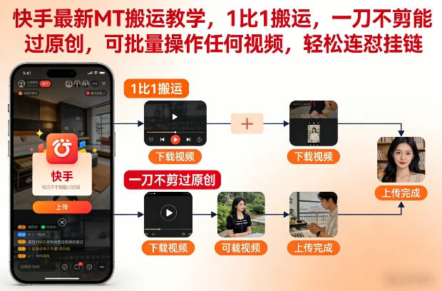 快手最新MT搬运教学，1比1搬运，一刀不剪能过原创，可批量操作任何视频，轻松连怼挂链-课程网