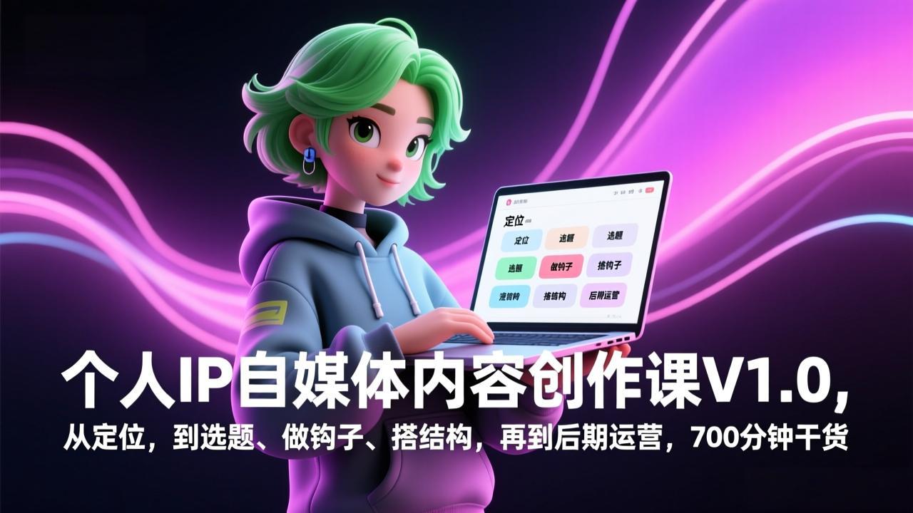 个人IP自媒体内容创作课V1.0，从定位，到选题、做钩子、搭结构，再到后期运营，700分钟干货-课程网