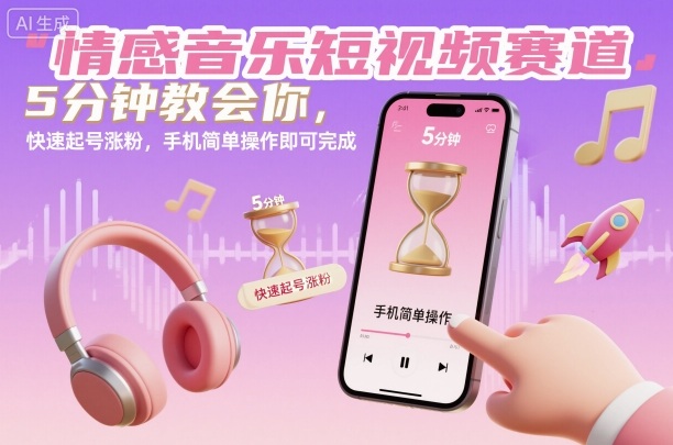 情感音乐短视频赛道，5分钟教会你，快速起号涨粉，手机简单操作即可完成-课程网