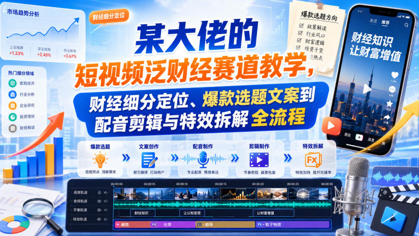 某大佬的短视频泛财经赛道教学，财经细分定位、爆款选题文案到配音剪辑与特效拆解全流程-课程网
