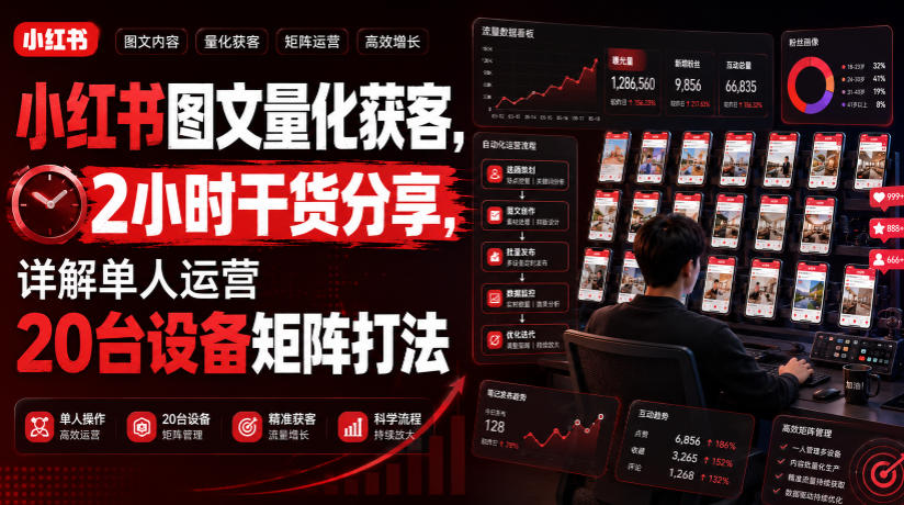 小红书图文量化获客，2小时干货分享，详解单人运营20台设备矩阵打法-课程网