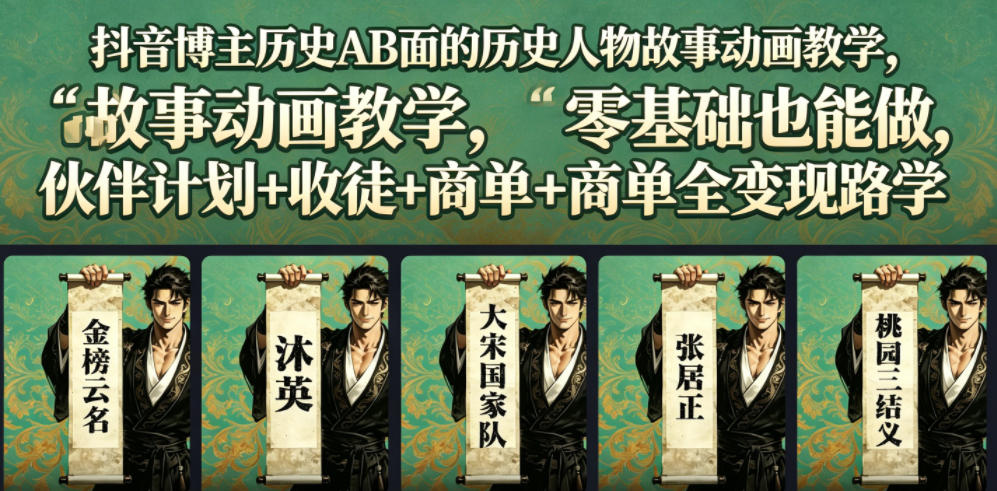 抖音博主历史AB面的历史人物故事动画教学，零基础也能做，伙伴计划+收徒+商单全变现路径教学-课程网