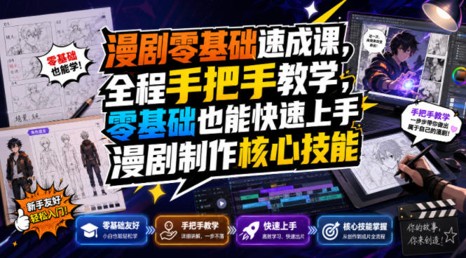漫剧零基础速成课，全程手把手教学，零基础也能快速上手漫剧制作核心技能-课程网