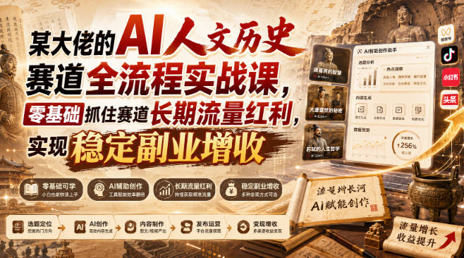 某大佬的AI人文历史赛道全流程实战课，零基础抓住赛道长期流量红利，实现稳定副业增收-课程网