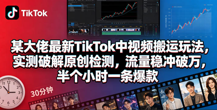 某大佬最新TikTok中视频搬运玩法，实测破解原创检测，流量稳冲破万，半个小时一条爆款-课程网