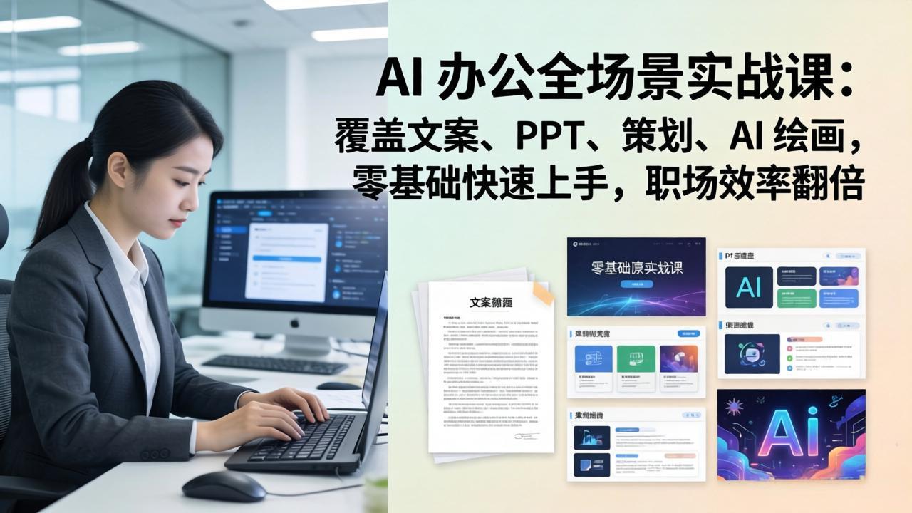 AI 办公全场景实战课：覆盖文案、PPT、策划、AI 绘画，零基础快速上手，职场效率翻倍-课程网