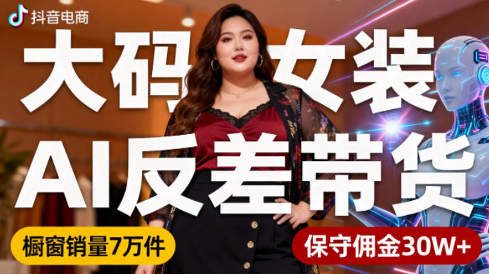 抖音小众赛道，大码女装AI反差带货，不用直播，每天6条作品，橱窗卖7万件，保守佣金30W+-课程网