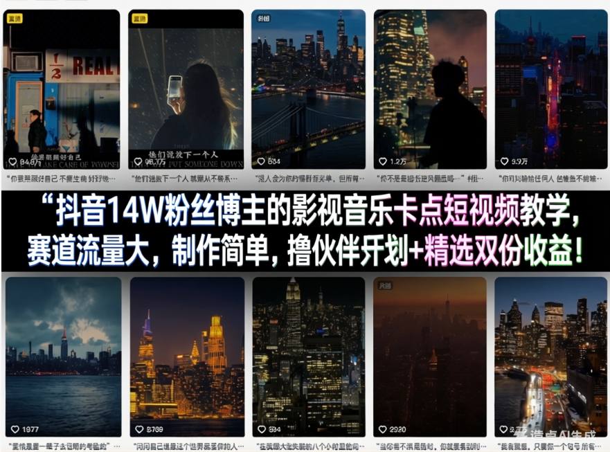 抖音14W粉丝博主的影视音乐卡点短视频教学，赛道流量大，制作简单，撸伙伴计划+精选双份收益！-课程网