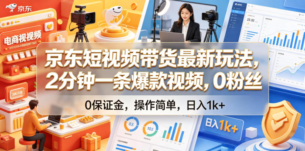 京东短视频带货最新玩法，2分钟一条爆款视频，0粉丝，0保证金，操作简单，日入1k+【揭秘】-课程网