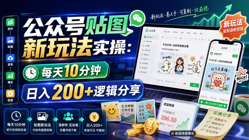 公众号贴图新玩法实操，每天10分钟，日入200+逻辑分享-课程网